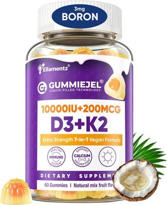 10,000 IU Vitamin D3 K2 Gummies Plus Boron, Calcium, 60 Count (Pack of 1) 