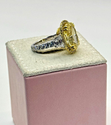 12,20 TCW Fancy Yellow Lab Grown Oval Diamond Ring IGI VS1 Halo 14K Bicolor Gold