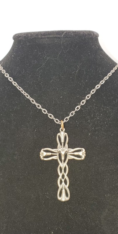 Vintage Italy Resurrection Lily Flowers  Cross Pendant Necklace Silver Signed