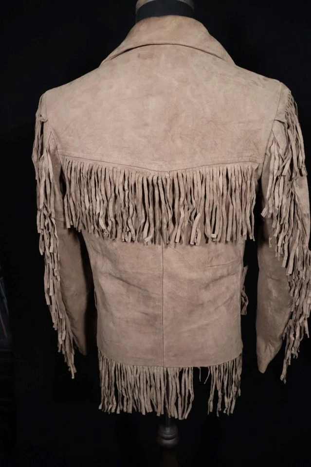 Vintage Hommes 1960's Gris Marron Peau de Cerf Ouest Frange Veste Cuir VG Cond - Photo 3/4