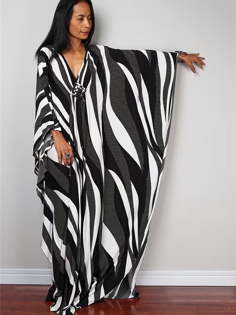 Día de la Madre Talla Única Plus - Rayas Estilo Bohemio Suelto - Vestido Caftán Playa