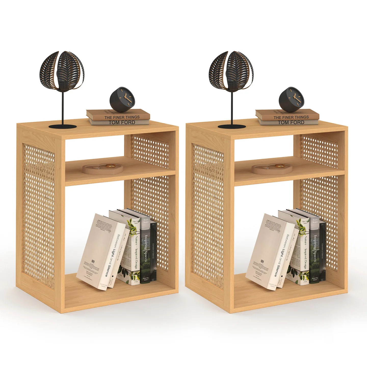 Lot de 2 tables de chevet NORA en bois et cannage avec niches