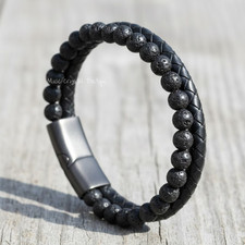 Men's Lava Rock Leather Bracelet Magnetic Clasp Beaded Bangle Natural Stone Gift