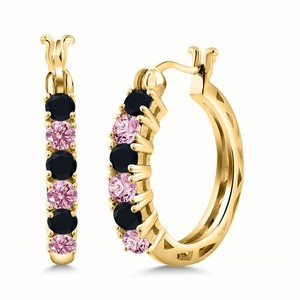 Authentic 18K Yellow Gold Plated Silver Onyx and Pink Lab Grown Diamond Hoop Earrings for