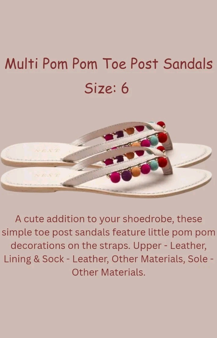 Women's Real Leather Multi Pom Pom Flip Flop Style Toe Post Sandals - UK Size 6