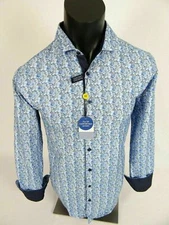 Mens Suslo Couture Shirt Slim Fit Blue White Leaf Prints Button Front