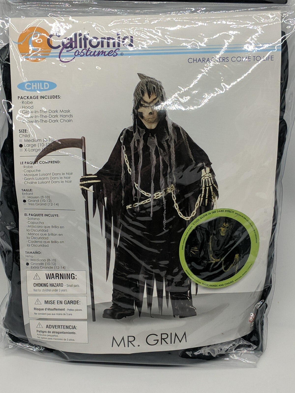 California Costumes Child Size Large 10-12 Mr Grim Glow In The Dark Halloween