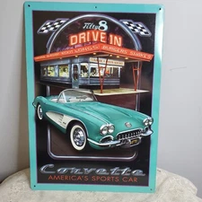 Corvette Fifty 8 Dine In Metal Sign America's Sports Car Retro Green 16.5x11.5