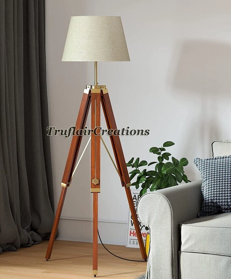 Tripod Floor Lamp Standing Wooden Brown Polished Brass Antique Gold Adjustable - Image 2 of 4