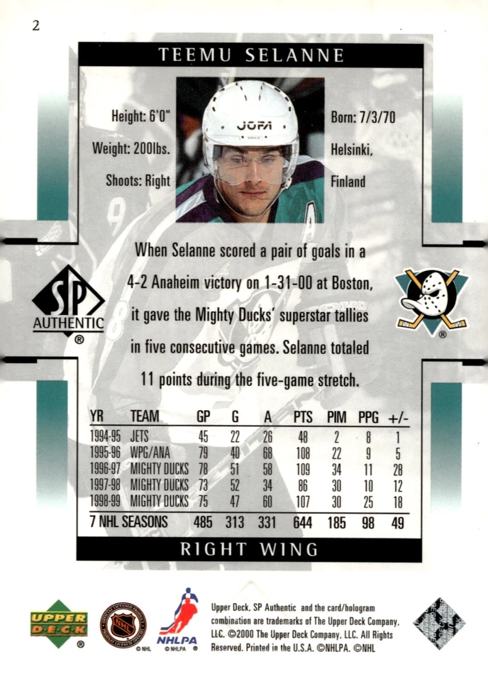 Teemu Selanne - Signed 1999-00 Upper Deck SP Authentic Card #2 - Anaheim Ducks - Image 2 of 2