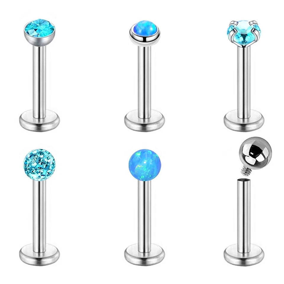 6pc 16g Internal Thread Labret Steel Opal CZ Monroe Lip Tragus Ear Stud Piercing Foto 4 de 4