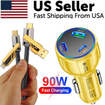 90W Super Fast Car Charger 3 Port & 4-IN-1Fast Charging Cord For All Cell Phone