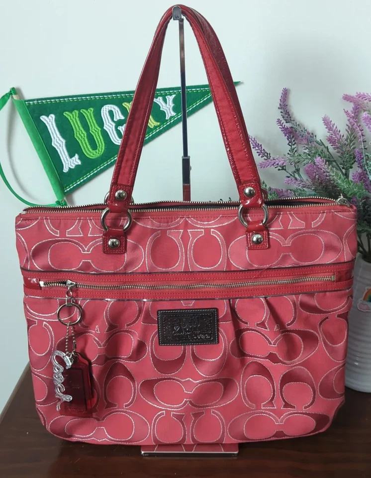 COACH POPPY 17890 RUBY RED LUREX outline GLAM TOTE SHOULDER BAG purse handbag