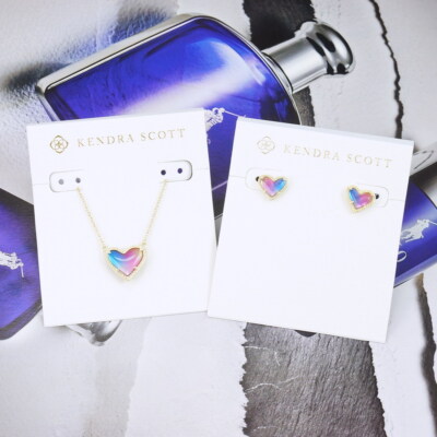CLEARANCE!! NWOT Kendra Scott Ari Heart Watercolor Necklace Earrings SET Gold