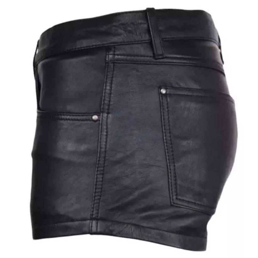 Pantalones Cortos de Cuero para Hombre Negros Informales 5 Bolsillos Cremallera Mosca Cuero de Vaca Gimnasio Pantalones Cortos Foto 2 de 2