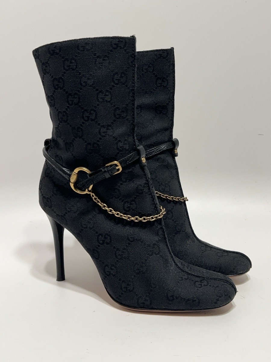GUCCI ✨GG柄ロゴモノグラムブーティ ブラック Vtg GUCCI BLACK MONOGRAM GOLD HORSE BIT BOOTS 36.5 | eBay