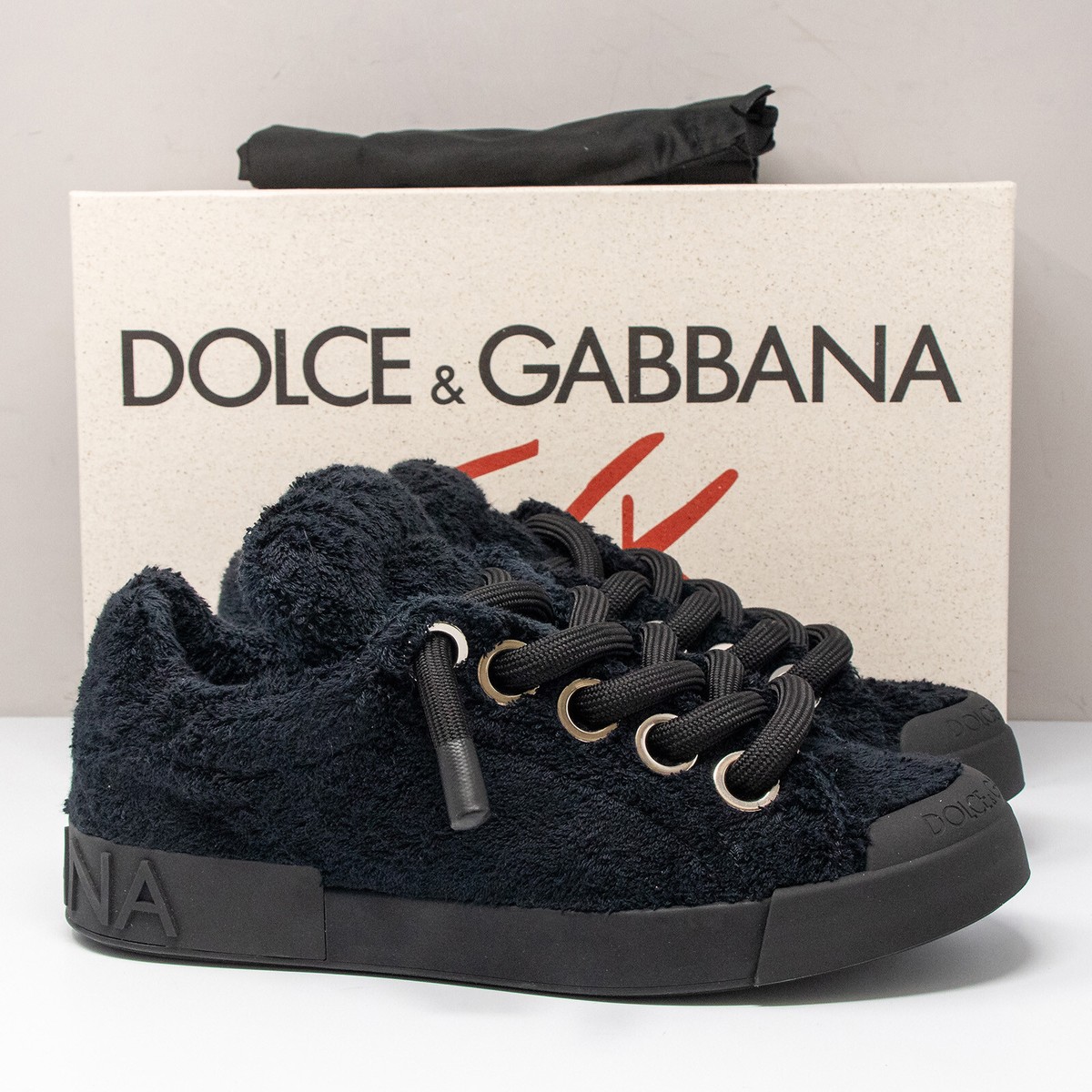 Dolce & Gabbana Portofino Black Terry-Cloth Sneakers, Size 43 (10