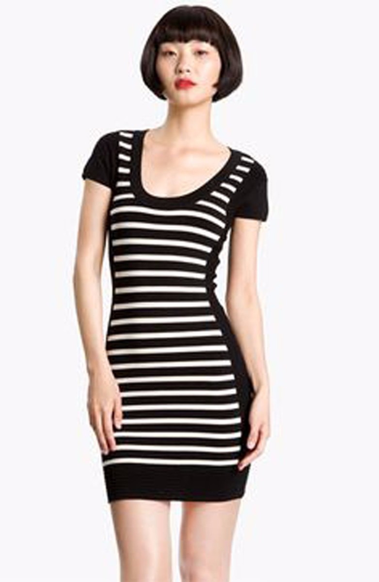 black striped bodycon dress Black Stripe Off Shoulder Midi Dress