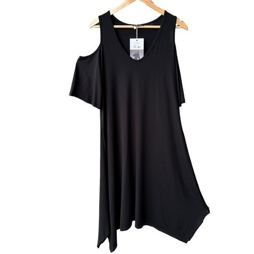 Milan Kiss Shift Dress Black Crew Neckline Short Sleeve Cold Shoulder Sz XL New - Picture 2 of 7
