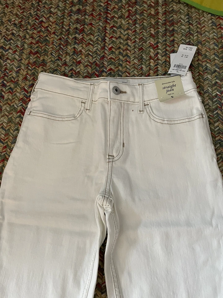 Jeans feminino Abercrombie infantil cintura alta, ajuste reto, off white tamanho 11/12 novo com etiquetas - Imagem 3 de 3