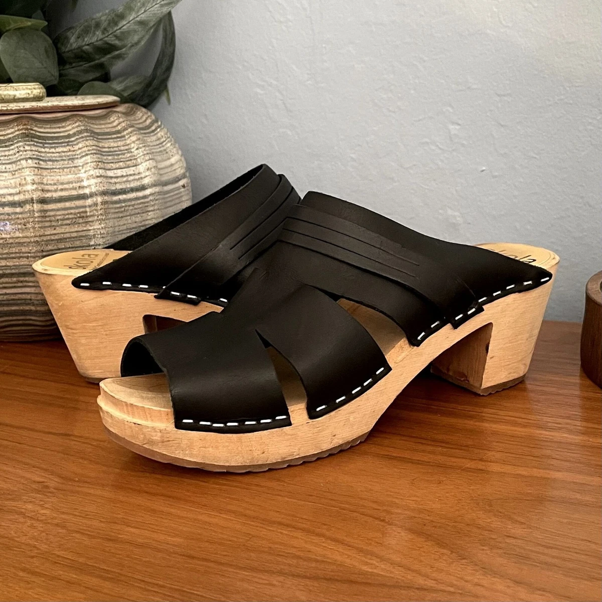 Skola Sweden Black Leather Wooden Heels Clog Sandals 40