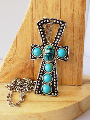 Vintage Egyptian Revival Ankh Cross Pendant Faux Turquoise Scarab Silver  Tone