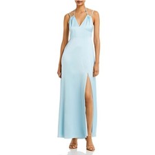 AQUA Blue Evening Gown Satin Cut Out Back Thigh Slit Long Maxi Dress Size 10