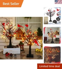 2 Pcs Vintage Glowing Tree with Cardinals Lighted Mini Birch Tree 24 LED Card...