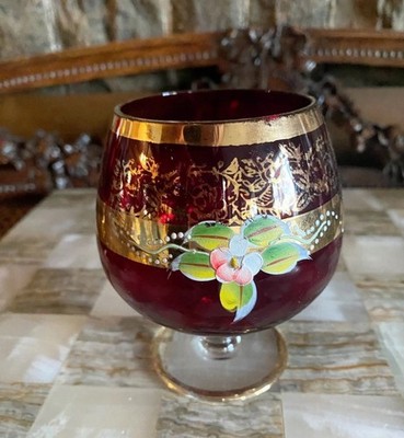 Vtg Bohemian Czech Ruby Red Floral HandPainted Stemmed Wine/Brandy Glass Gold Et