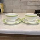 Vintage Pyrex CUP & SAUCER 2 Sets Milk Glass Lime Green Band USA Retro Decor MCM