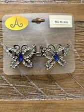 Vintage Butterfly Blue Rhinestone Hair Clips Silver Tone Glitter Accents NWT