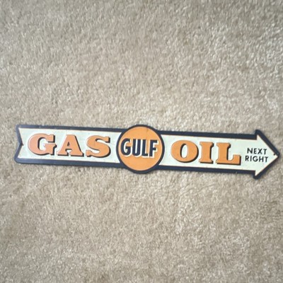 Gulf Gas Oil Arrow Reproduction Metal Sign Orange White Black Advertising
