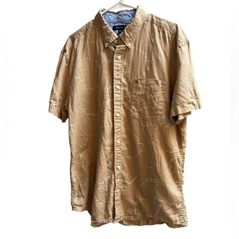 Tommy Hilfiger 夏威夷衬衫男式 XL 亚麻纽扣花卉棕褐色蓝色 — 第 2/4 张图片