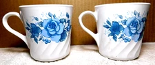 Corning Ware~White Swirl Design Pattern Cups/ Mugs Blue leaves, Bulbs, & Flower