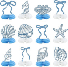 12 Pcs Blue Bow  Seashell Birthday Party Table Decor, Blue Bow Honeycomb Center