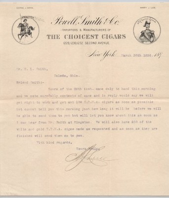 1896 Powell Smith & Co NY Cigar Mfg Illustrated Letterhead & Cover BH1-42