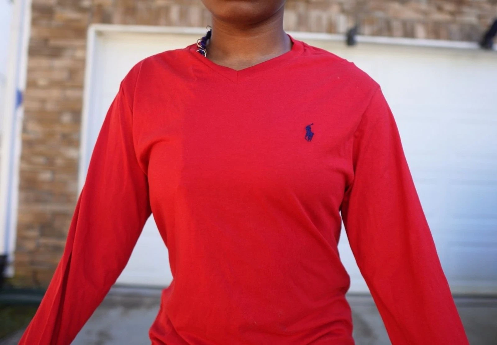 Ralph Lauren Kids Long Sleeve V-Neck Shirt Red Large NWT Polo Logo LS Tee