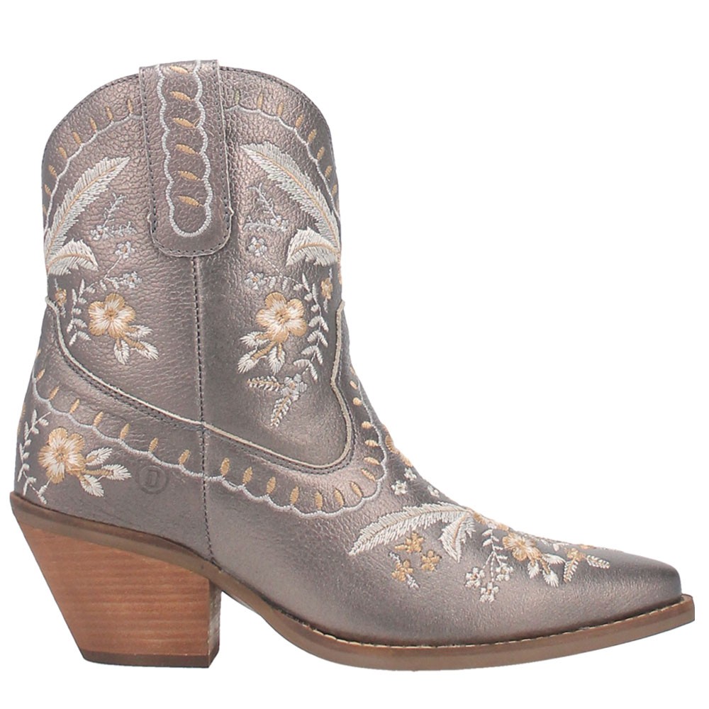 Dingo Primrose Floral Embroidered Metallic Pull On Snip Toe Cowboy Booties Women