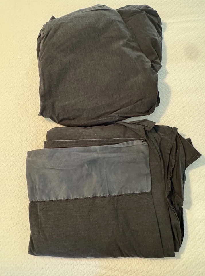 Ralph Lauren Home Collection Queen Sheet Set Charcoal Melange Black Silk Trim 2p - Image 2 of 4