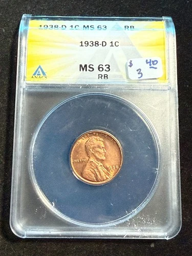 1938 D LINCOLN WHEAT CENT ANACS MS 63 RB 112