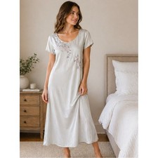 Natori Classics Nightgown Slip Dress Vtg Light Blue Floral Embroidered Small
