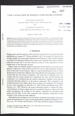 Case a Evolution of Massive Close Binary Systems; Sendai Astronomiaj Raportoj N-