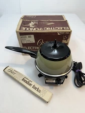 Vintage Avocado Green Electric Oster Fondue Pot Set  w/Forks! Amazing Condition