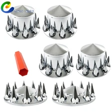 Chrome Hub Cover Kit 33mm Front & Rear Semi Truck Wheel Axle Covers Spiked New
