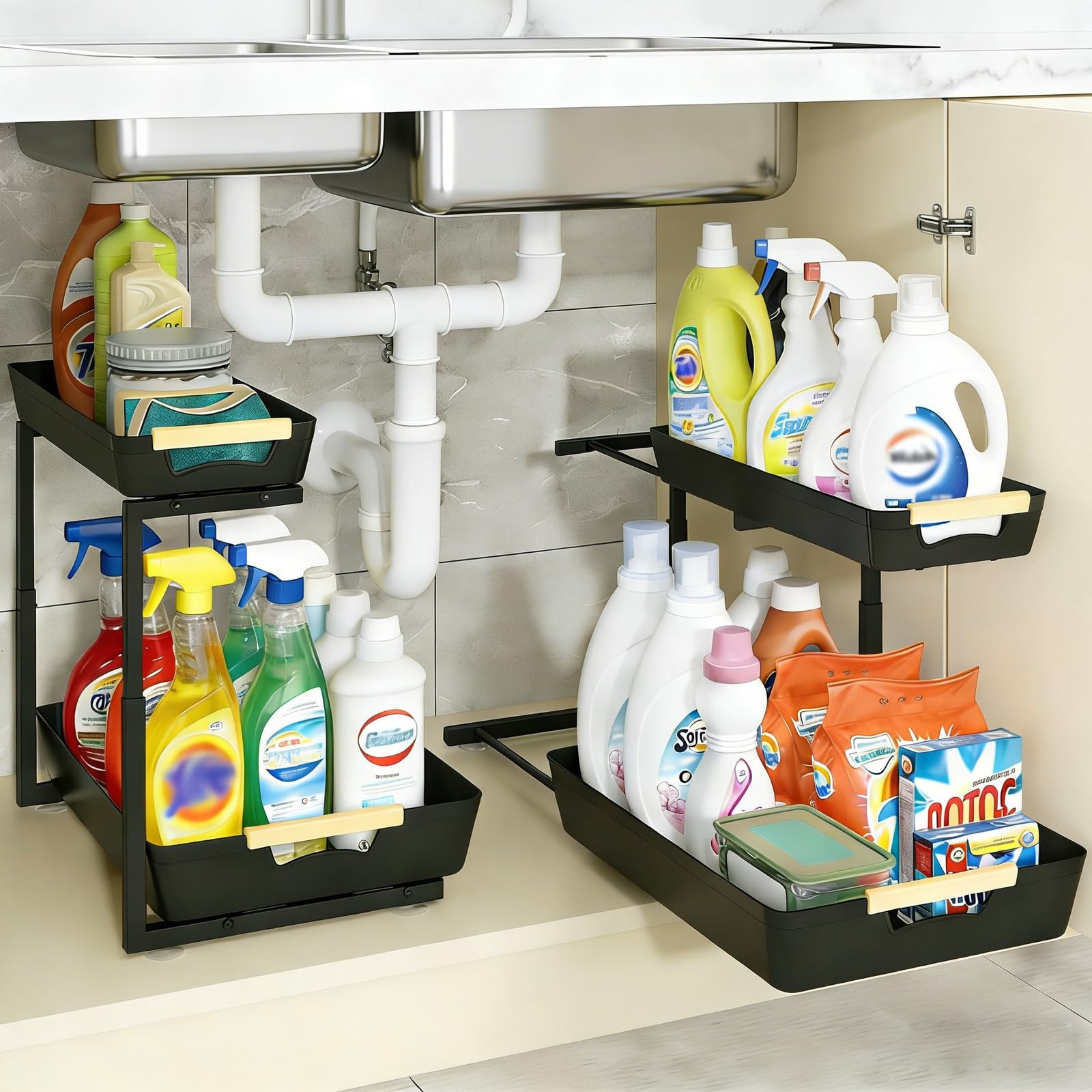 2 Pack Under Sink Organizer,2 Tier Pull Out Adjustable Height Under Cabinet S...