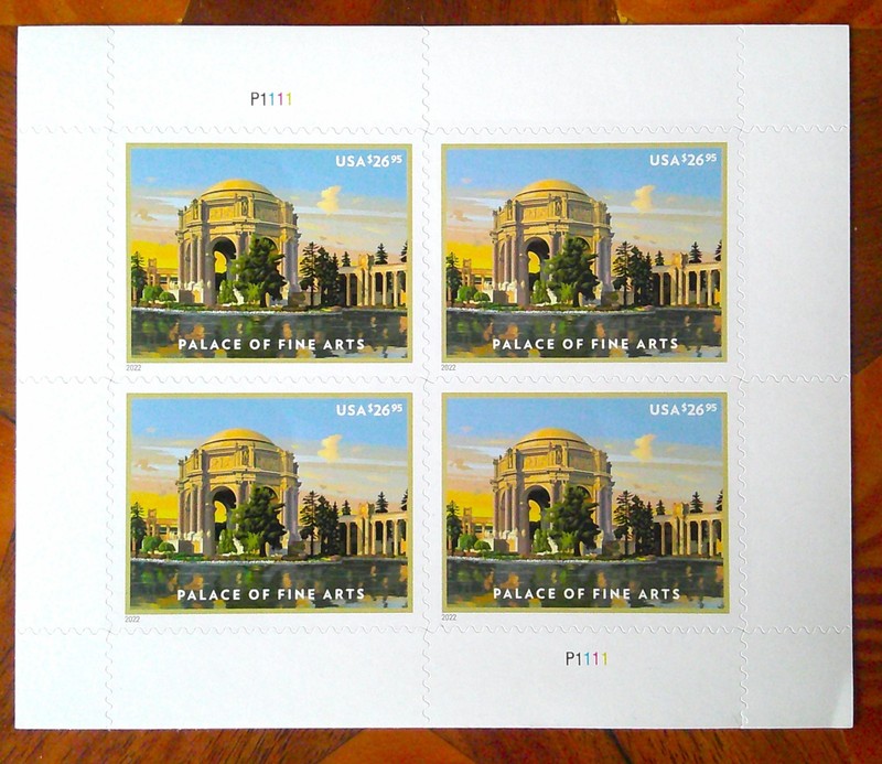 Mint Pane of 4, FV =$107.80 Palace of Fine Arts Priority Mail Express $26.95 ea.