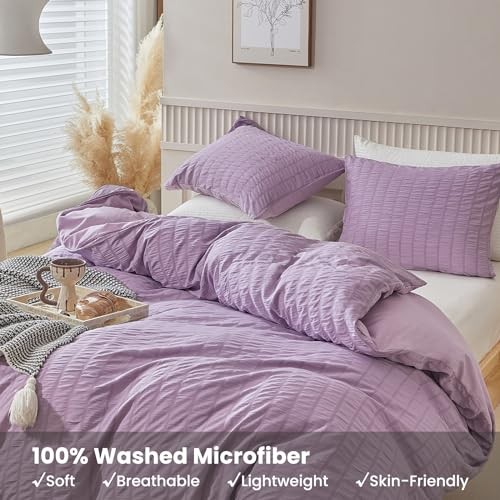  Duvet Cover Set Size, 3pcs Washed Microfiber Bedding Set, Soft Queen Purple