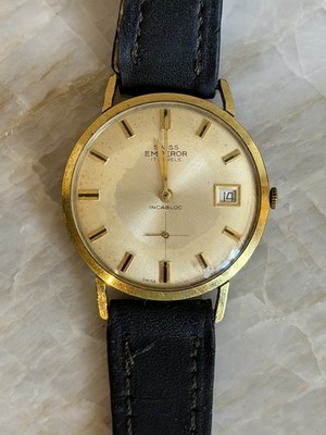 Vintage Swiss Emperor 17 Jewels Incabloc Uhr funktioniert goldfarben Datum