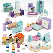 Wooden Dollhouse Furniture Set 39 Pcs with 5 Rooms, Family Dolls  Pets, All-Woo