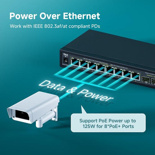 10 Ports Gigabit Ethernet Switch with 8*PoE+ Ports 2*SFP Slots Metal Case 125W - Picture 2 of 9